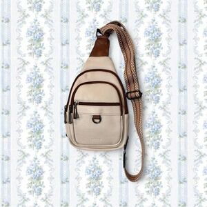 NWT Cakang Women's white brown leather sling bag adjustable straps multi pockets
